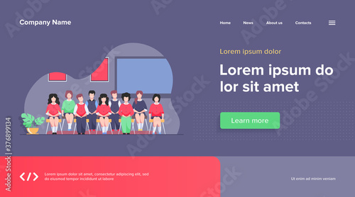 School students posing for class portrait in classroom. Teen girls and boys wearing uniform, sitting on chairs in rows and smiling. Vector illustration for photo, classmates, education concept