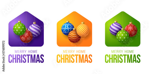 Set of colorful Merry Home Christmas 2020 Card with Funny Vector Minimalist christmas balls. staying at home badge in Quarantine. COVID-19 Reaction.