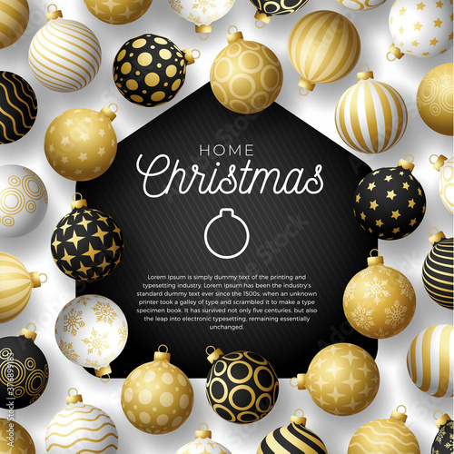 Luxury gold Merry Home Christmas 2020 Card with Funny Vector Minimalist christmas balls. staying at home badge in Quarantine. COVID-19 Reaction.