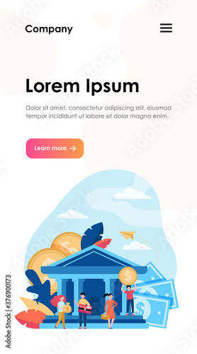 Business people with money and credit card standing near bank building. Queue of customers visiting bank office. Flat vector illustration for finance, payment, transaction, service concepts