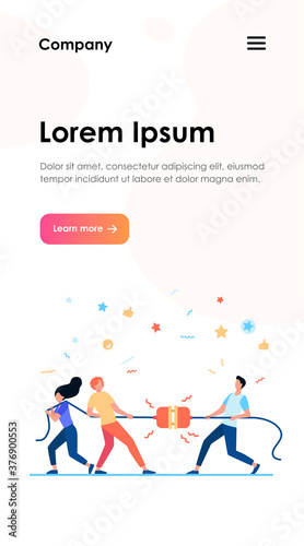 Groups of people pulling rope in tug of war play. Struggling team competing with each other. Vector illustration for game, contest, competition, confrontation concept