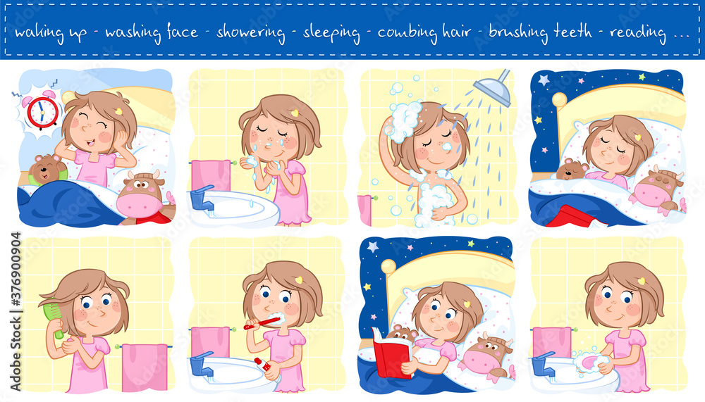 Daily routine of a little girl with light brown hair - Set of eight ...