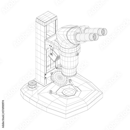 Wireframe of a microscope made of black lines isolated on a white background. Desktop microscope. Isometric view. 3D. Vector illustration