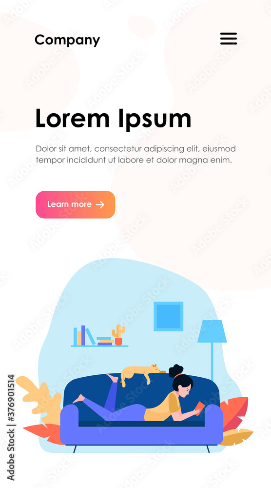 Girl and cat relaxing on sofa flat vector illustration. Cartoon woman laying in comfort and reading. Home evening and entertainment concept Girl and cat relaxing on sofa flat vector illustration. Cartoon woman laying in comfort and reading. Home evening and entertainment concept