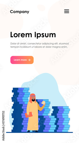 Arabic business man. Person in traditional ethnic clothes standing at huge heap of money cash flat vector illustration. Finance, success, capital concept for banner, website design or landing web page