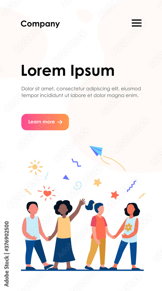 Diverse group of children in kindergarten. Team of African American, Asian, Caucasian boys and girls standing together. Vector illustration for international school, classmates, friendship concept