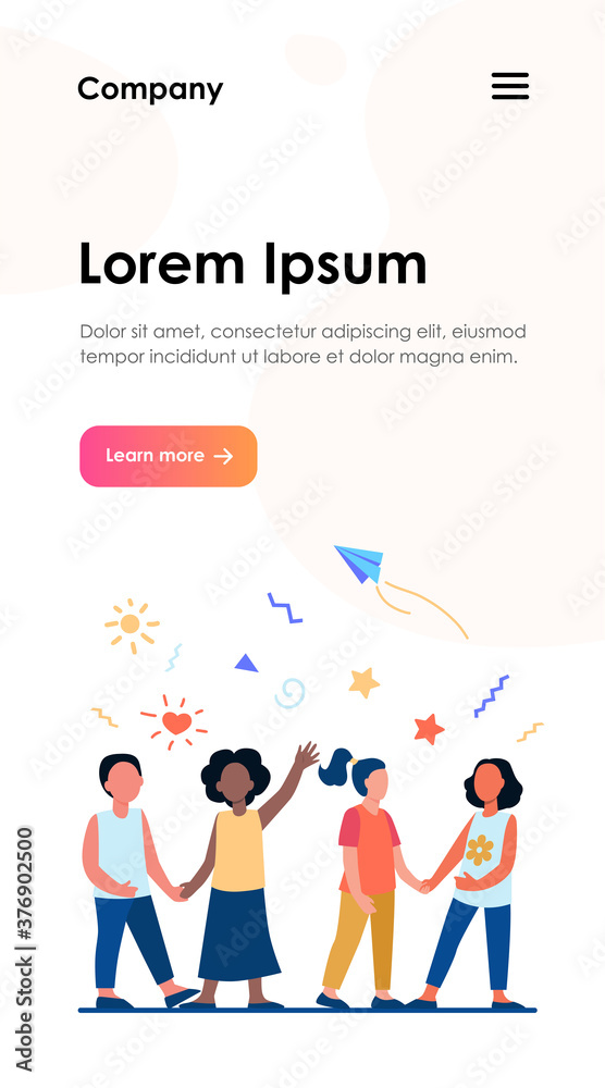 Diverse group of children in kindergarten. Team of African American, Asian, Caucasian boys and girls standing together. Vector illustration for international school, classmates, friendship concept Diverse group of children in kindergarten. Team of African American, Asian, Caucasian boys and girls standing together. Vector illustration for international school, classmates, friendship concept