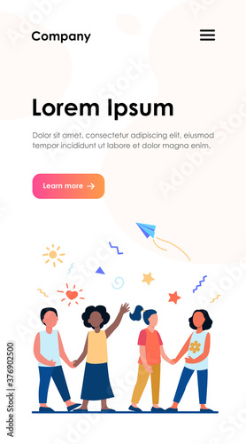 Diverse group of children in kindergarten. Team of African American, Asian, Caucasian boys and girls standing together. Vector illustration for international school, classmates, friendship concept