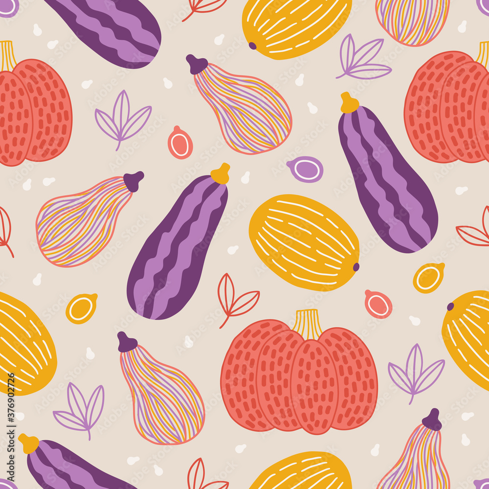 Thanksgiving Day seamless pattern with seeds, leaves, eggplant, pumpkins Thanksgiving Day seamless pattern with seeds, leaves, eggplant, pumpkins