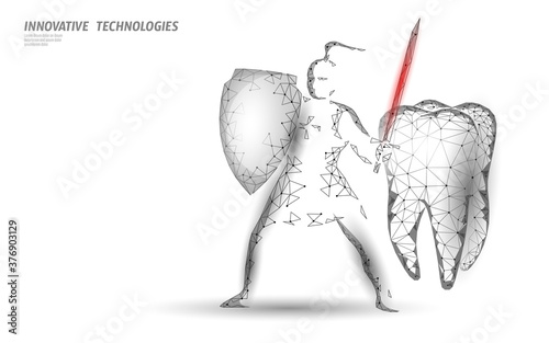 Low poly tooth protection medical concept. Cavity prevent shield toothpaste. Enamel reconstruction healthcare. Polygonal healthy dentistry procedure vector illustration