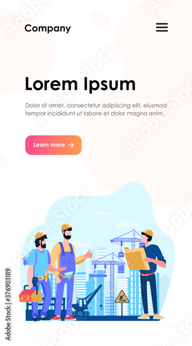 Engineers team discussing issues at construction site flat vector illustration. Foreman looking at construction project plan. Building and engineering concept. Machinery and crane on background