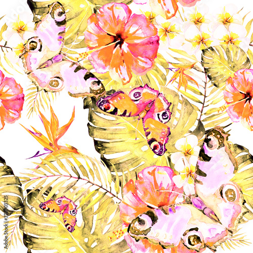Fototapeta Naklejka Na Ścianę i Meble -  Hawaiian flowers, butterflies, watercolor, exotic plants, isolated on a white