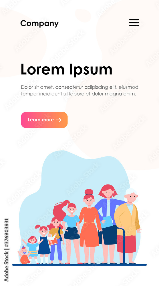 Cartoon woman in different age flat vector illustration. Female character growing cycle from child to old person. Generation and life development concept Cartoon woman in different age flat vector illustration. Female character growing cycle from child to old person. Generation and life development concept