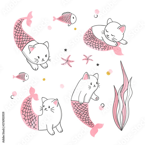 Marine set of cute cat merm...