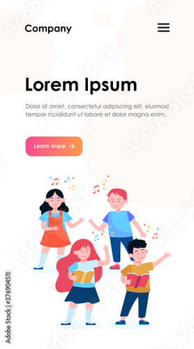 Cartoon children choir flat vector illustration. Cute kids singing song at music school  church or vocal group. Friendship  music and performance concept