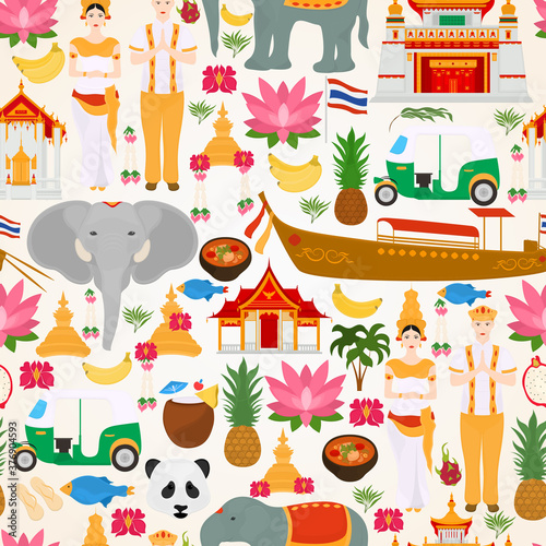 Seamless vector pattern with national symbols of Thailand.