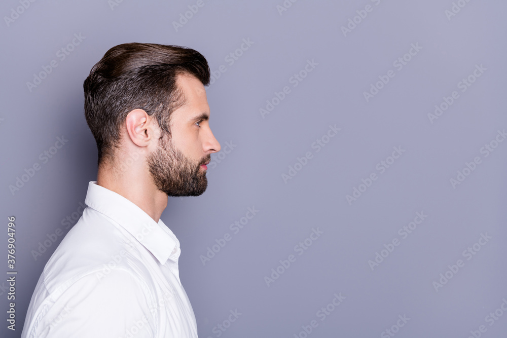 Close-up profile side view portrait of his he nice attractive content unshaven man employee executive manager copy space advert solution isolated over grey violet purple pastel color background Close-up profile side view portrait of his he nice attractive content unshaven man employee executive manager copy space advert solution isolated over grey violet purple pastel color background