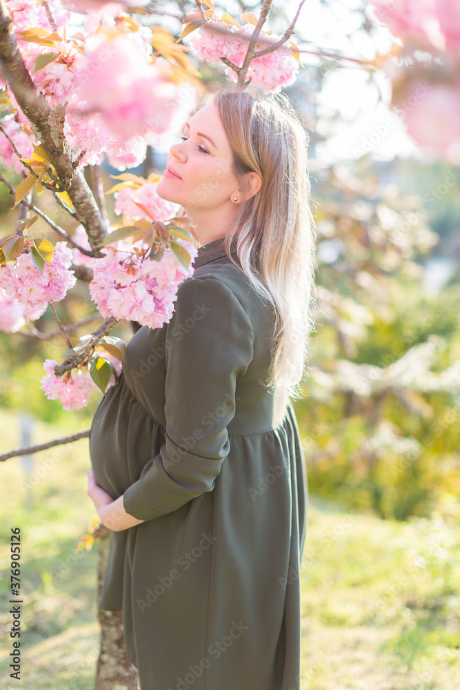 Naklejka premium Gentle pregnant woman in the park at spring with cherry blossom trees, soft focus maternity portrait