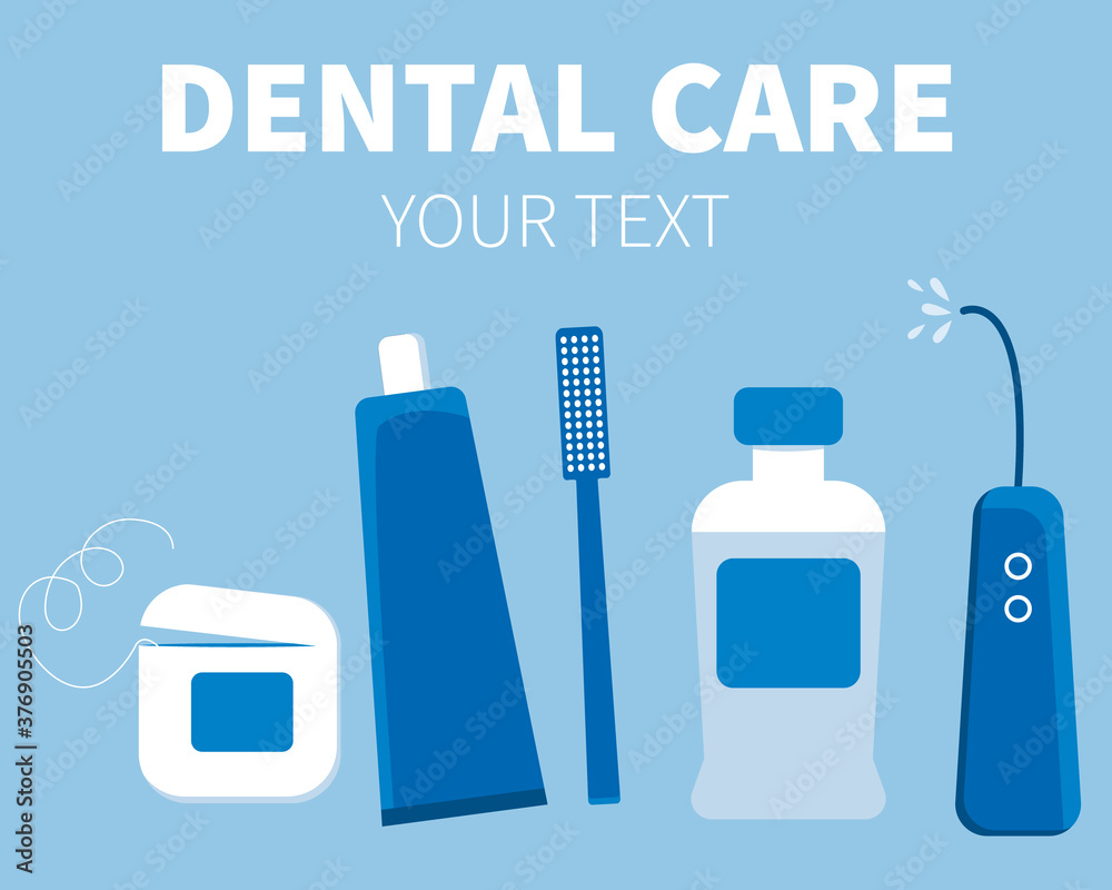 Set of teeth hygiene items: toothbrush, toothpaste, floss, oral flosser. and mouthwasher with sign DENTAL CARE. In blue colors. Vector Set of teeth hygiene items: toothbrush, toothpaste, floss, oral flosser. and mouthwasher with sign DENTAL CARE. In blue colors. Vector