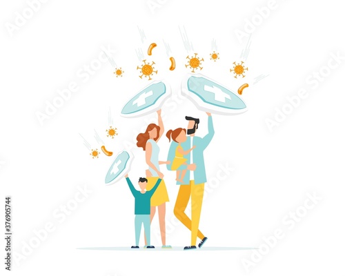 COVID-19 Protecting Against Coronavirus and Preventing Quarantine or Business Risks with a New Concept of Viral Epidemic The family holds knight's shields to protect against the virus. Vector