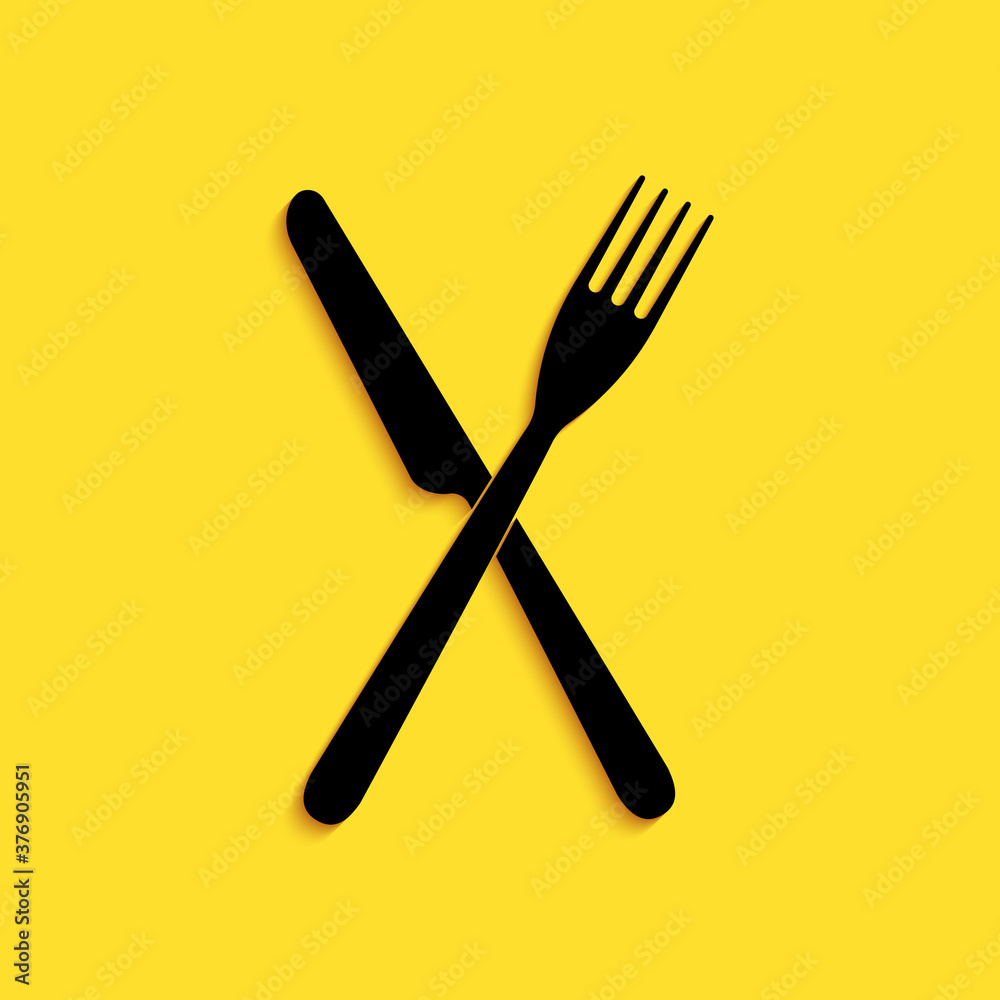 Black Crossed fork and knife icon isolated on yellow background. Restaurant icon. Long shadow style. Vector. Black Crossed fork and knife icon isolated on yellow background. Restaurant icon. Long shadow style. Vector.