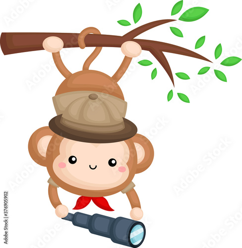 a cute monkey wearing a safari ranger costume while hanging on a branch
