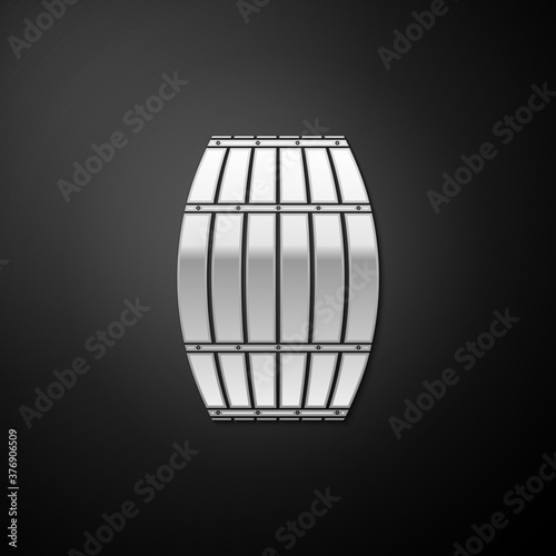 Silver Wooden barrel icon isolated on black background. Alcohol barrel  drink container  wooden keg for beer  whiskey  wine. Long shadow style. Vector.