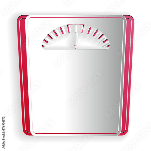 Paper cut Bathroom scales icon isolated on white background. Weight measure Equipment. Weight Scale fitness sport concept. Paper art style. Vector.