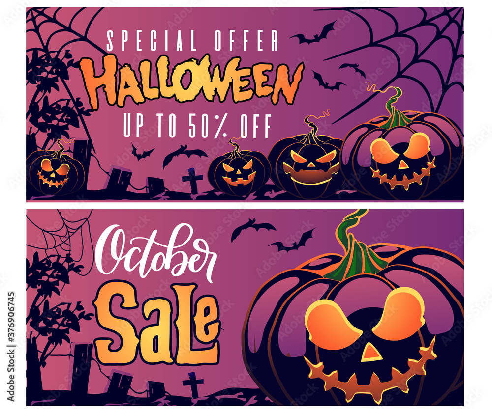 set of halloween ad banners for Discount promotion marketing concept. background - template design for poster, banner, social networks. set of design for instagram stories, suitable for postcards