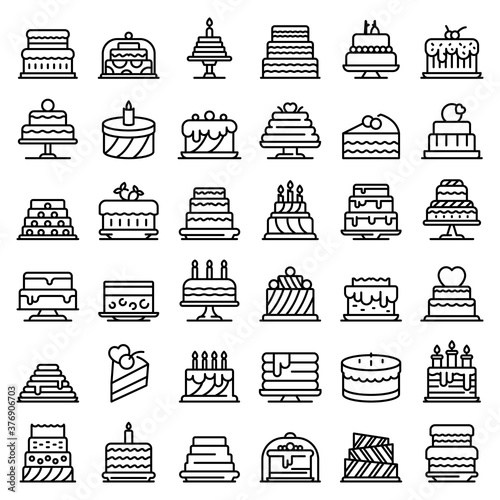 Cake icons set. Outline set of cake vector icons for web design isolated on white background