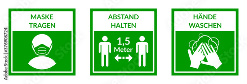 Square Warning Signs in German Showing a Basic Set of Measures against the Spread of Covid-19 including Wear a Face Mask, Keep Your Distance 1,5 Meters and Wash Your Hands. Vector Image.