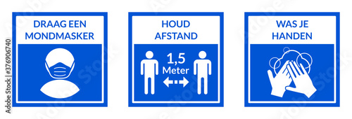 Square Warning Signs in Dutch Showing a Basic Set of Measures against the Spread of Covid-19 including Wear a Face Mask, Keep Your Distance 1,5 Meters and Wash Your Hands. Vector Image.