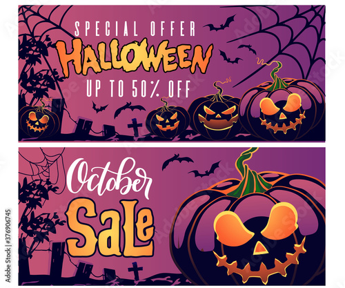 set of halloween ad banners for Discount promotion marketing concept. background - template design for poster  banner  social networks. set of design for instagram stories  suitable for postcards