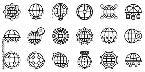 Global network icons set. Outline set of global network vector icons for web design isolated on white background