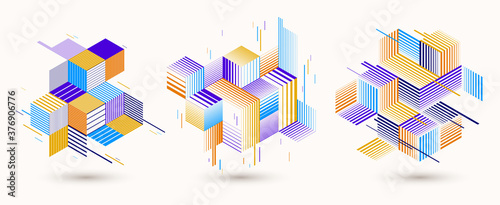 Line design 3D cubes and triangles abstract backgrounds set, polygonal low poly isometric retro style templates. Stripy graphic elements isolated. Templates for posters or banners, covers or ads.