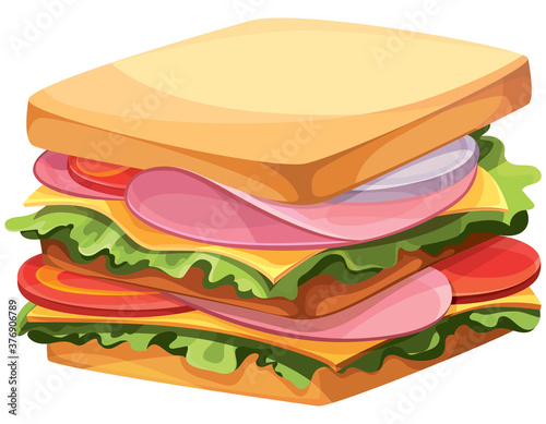 Big square sandwich. Fast food in cartoon style.