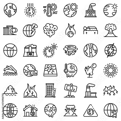 Global warming icons set. Outline set of global warming vector icons for web design isolated on white background