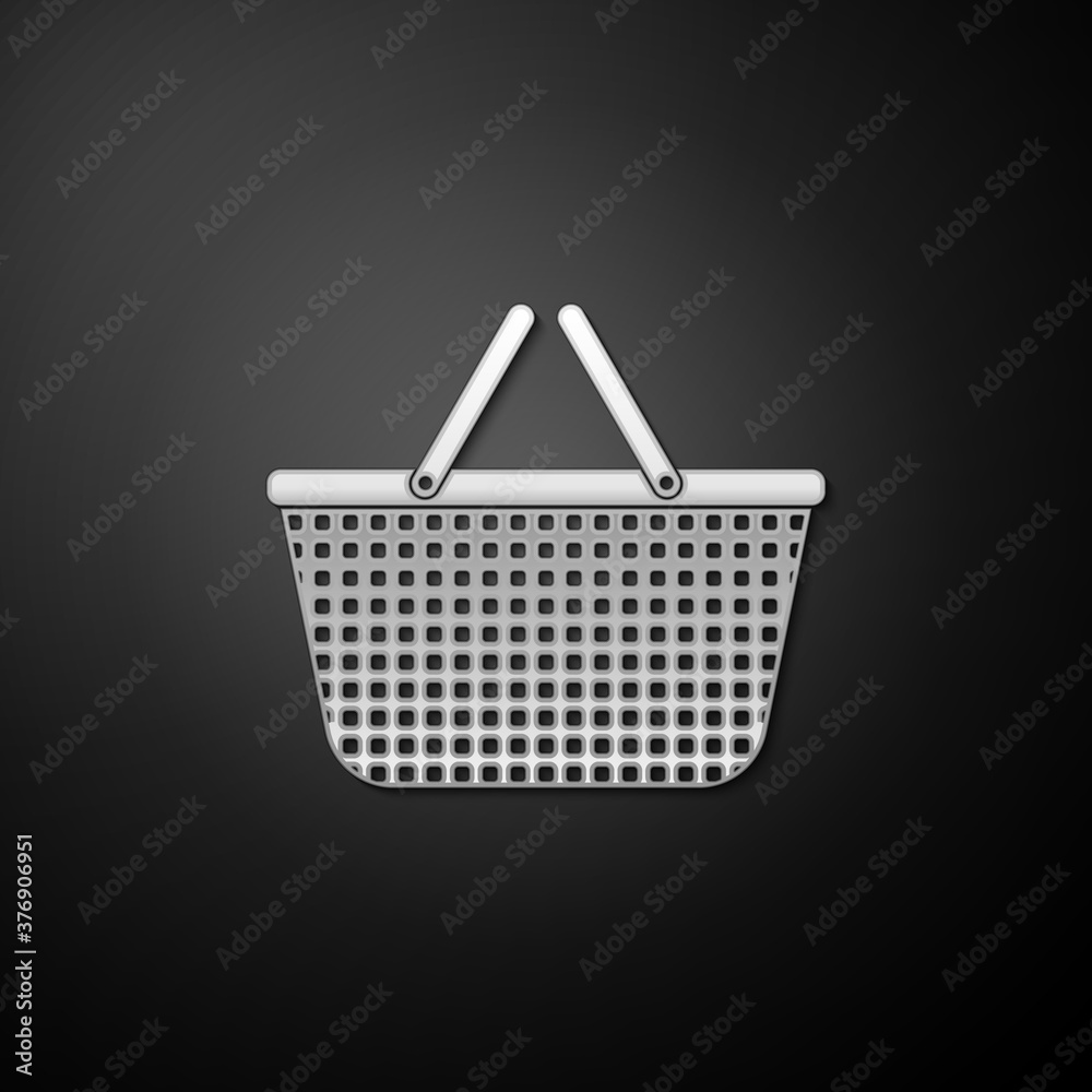 Fototapeta premium Silver Shopping basket icon isolated on black background. Online buying concept. Delivery service sign. Shopping cart symbol. Long shadow style. Vector.