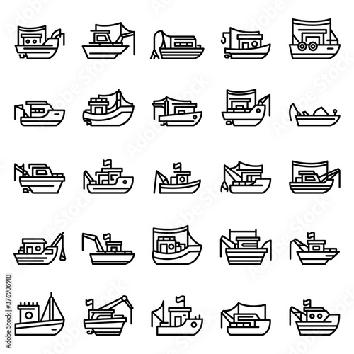Fishing boat icons set. Outline set of fishing boat vector icons for web design isolated on white background
