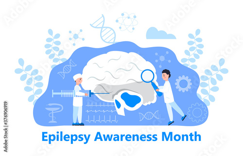 Epilepsy Awareness Month on November in USA concept vector. Brain, surgeon are shown. Tiny doctors treat brain. explores the causes of epilepsy. Cartoon concept vector for banne © passionart