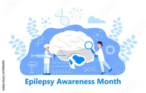 Epilepsy Awareness Month on November in USA concept vector. Brain, surgeon are shown. Tiny doctors treat brain. explores the causes of epilepsy. Cartoon concept vector for banne