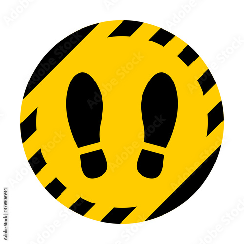 Stand Here or Wait Here Round Floor Marking Adhesive Icon with Security Stripes Outline and Shoeprint Symbols. Vector Image.