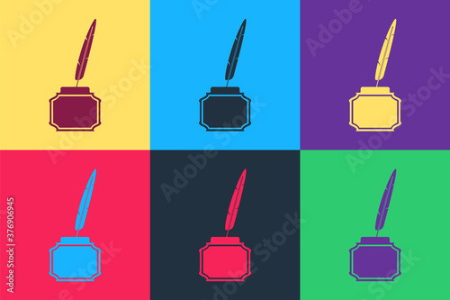 Pop art Feather and inkwell icon isolated on color background. Vector.