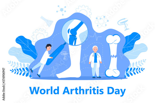 World arthritis day in October. Tiny doctors treat rheumatism, osteoarthritis. Healthcare flat concept vector on the blue background