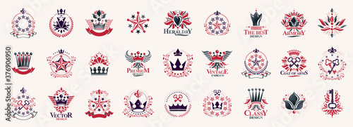 Crowns and stars vintage heraldic emblems vector big set, antique heraldry symbolic badges and awards collection with coronets, classic style design elements, family emblems.
