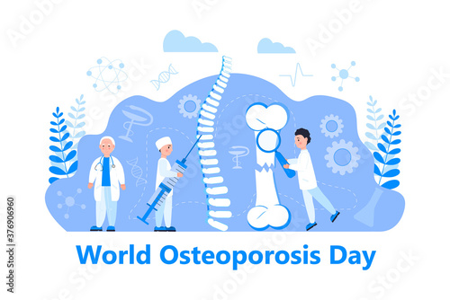 Osteoporosis world day concept, osteoarthritis anatomical vector. Tiny doctors research bones of human.