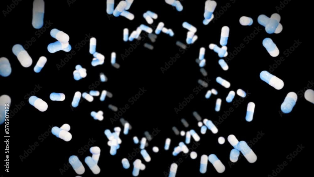 Flying many medical capsules on black background. Medicine and pharmaceutical concept. 3D animation of blue pill capsule rotating. Loop animation. Flying many medical capsules on black background. Medicine and pharmaceutical concept. 3D animation of blue pill capsule rotating. Loop animation.