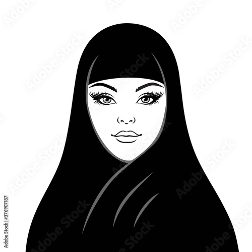 Portrait of muslim beautiful woman in hijab. Black and white vector illustration for avatar, logo. (ID: 376907187)