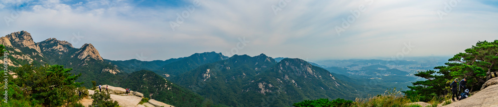 Panoramic view of Bukhansan National Park in Seoul, South Korea. From Wohyobong Peak. 