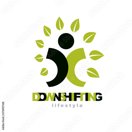 Vector illustration of happy abstract individual with raised hands up. Downshifting concept logo. Wellness and harmony symbol. Wanderlust and countryside vacation icon.